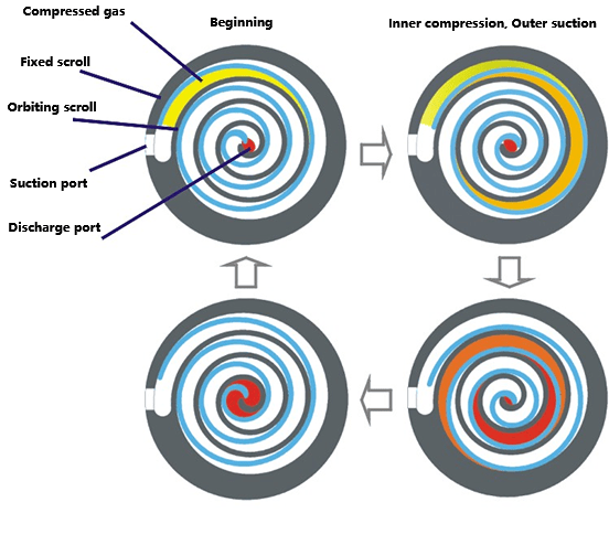 Scroll compressor working process, including suction, compression, discharge
